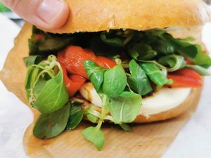 Vegan paprika + cream cheese + cheese slices at Budapest Bagel - Kálvin in Budapest