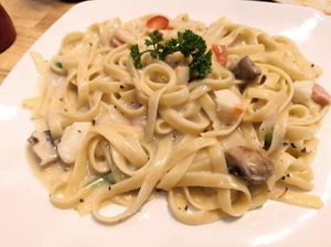 Fettucine carbonara at Veganza House Pizza in Medan