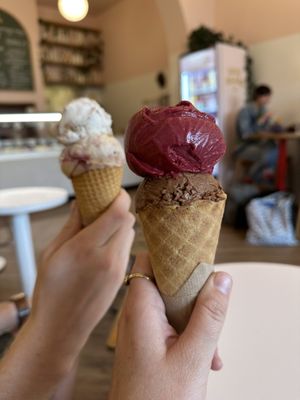 Berry sorbet and chocolate coconut in gf cone   at Duck Island Ice Cream in Wellington