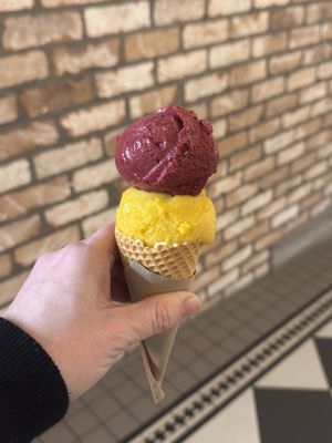 Bottom scoop is mango & passionfruit, top scoop is boysenberry   at Duck Island Ice Cream in Wellington