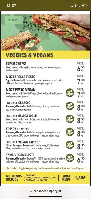 Vegan menu  at Pans & Company - La Vie in Funchal
