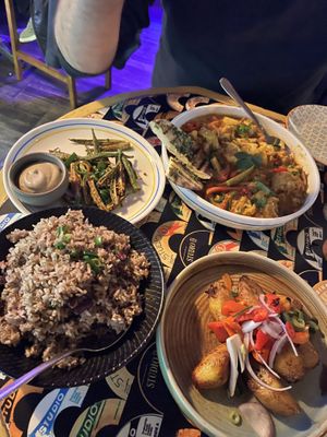 Fried okra, Caribbean curry,  fried plantain and Mamas rice with (turtle) peas  at Rosie Campbell's in Surry Hills