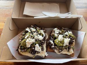 Special feta, mushroom and hommus toast  at Raw Galore in Brighton