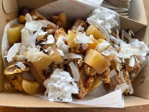 Apple crumble waffles   at Raw Galore in Brighton