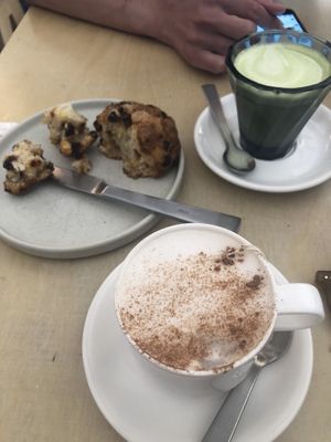 London fog latte, matcha latte, orange and date gluten free scone - all vegan  at Scroggin in Wanaka