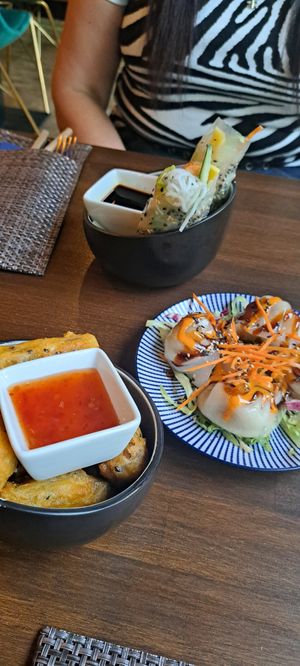 Steamed veggie dumplings (excellent), Summer rolls (good), "pork" in sesame dough (can't recommend). at Sen Vegan Cuisine - Moorenstraße in Dusseldorf
