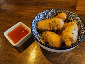 'Saigon Night': veggie pork coated in turmeric and sesame batter with sweet and sour sauce (4.9€) at Sen Vegan Cuisine - Moorenstraße in Dusseldorf