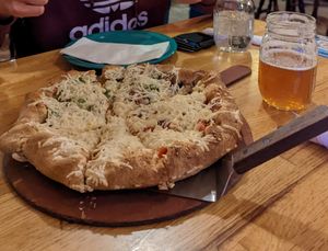 Half Hawaiian, half Sausage Mountain pie at Beau Jo's in Idaho Springs