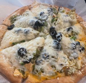 Gfv crust, vegan cheese, olives, artichokes, jalapeños   at Beau Jo's in Idaho Springs