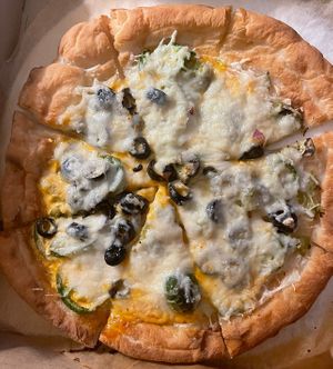 Night two- gfv crust, red sauce, vegan cheese, jalapeño, olive, hatch chiles. Soooooo good!   at Beau Jo's in Idaho Springs