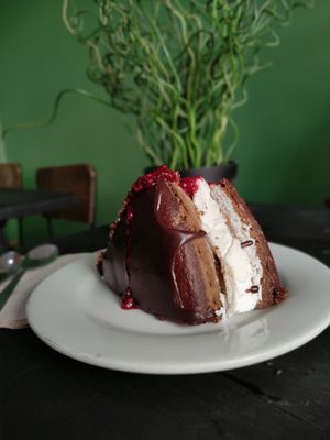 Torta de chocolate con salsa de frutos rojos / Chocolate cake with red berries sauce at Veggie Beans and Shakes in Bogota