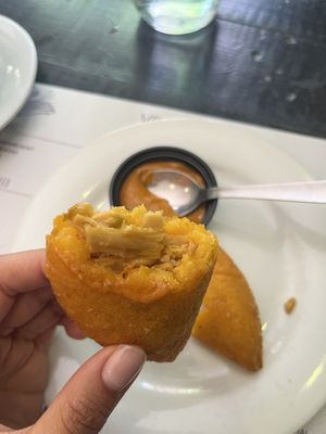 Nice stuffing on the empanada  at Veggie Beans and Shakes in Bogota