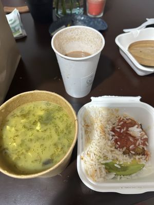 Ajiaco, cacao Shake, rice   at Veggie Beans and Shakes in Bogota
