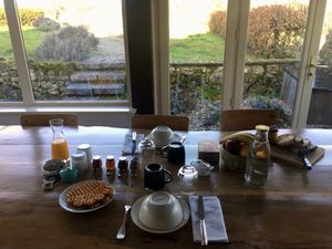Vegan breakfast with home made vegan waffles,  home made coco yogurt, vegan cheese,  home made jam, almond puree, home made chocolate spread, bread, fruits, orange juice at Sur Mon Chemin  in Cahuzac Sur Vere