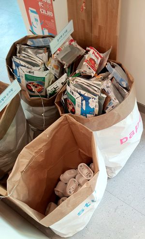 Recycling bags for milk cartons and water filters at B:green in Seoul