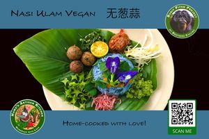 Nasi Ulam Vegan 无葱蒜  - Hawa's Artisan Kitchen presents our Nasi Ulam or warm rice salad with homemade tempeh & moringa balls served with butterfly pea flower rice, Asian herbs and creamy coconut + root plant based curry. It is gluten free too! at Hawa's Artisan Kitchen in Lahad Datu