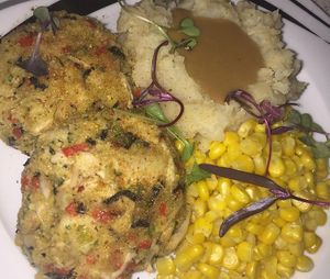 Krab cakes mashed potatoes & gravy and corn at VeegMe - Maybe closed in Temecula