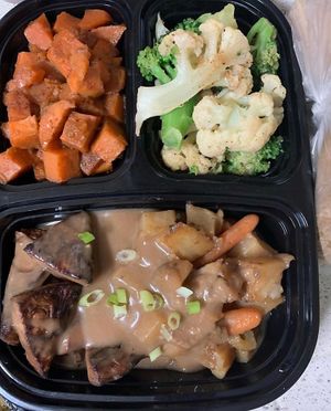 Pot roast, candied yams, and broccoli  at VeegMe - Maybe closed in Temecula