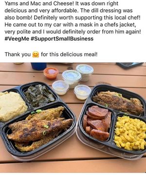 Awesome deliciousness!! Katfish, collard greens, corn bread, Mac & cheeze, and yams at VeegMe - Maybe closed in Temecula