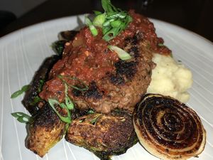 Chopped Stake w/ spicy tomato gravy, Brussel sprouts, mashed potatoes & Brûléed cippolini onions at VeegMe - Maybe closed in Temecula