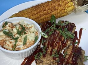 Fried Vib Tips, potato salad, and roasted corn at VeegMe - Maybe closed in Temecula