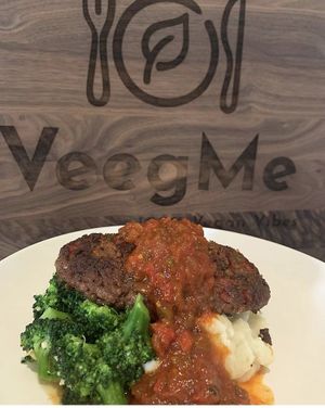 Chopped Stake w/ tomato gravy, broccoli whipped potatoes, cipollini onions at VeegMe - Maybe closed in Temecula