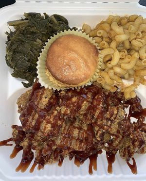 Bbq chicken platter (CB, Greens, Mac & cheeze) at VeegMe - Maybe closed in Temecula