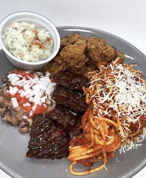 Vib tips, fried Chikun, black-eyed peas, spaghetti w/ meat sauce and potato salad.  at VeegMe - Maybe closed in Temecula