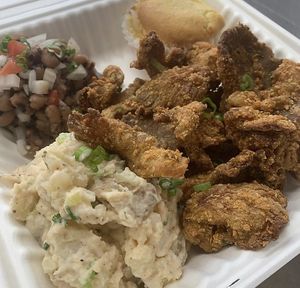 Fried Chikun, black-eyed peas, CB, and potato salad  at VeegMe - Maybe closed in Temecula