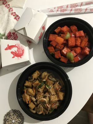 Teriyaki & sweet n sour tofu 😛 (only steamed rice is vegan)  at Wok 'N Express in Austin