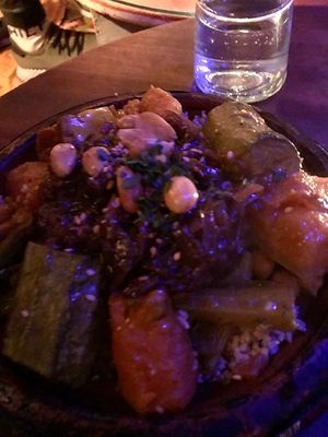 Couscous dish and veggies, chickpeas and almonds. AMAZING! at La Triskalla in Essaouira