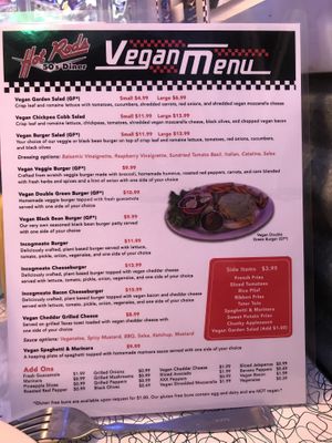 Vegan menu at Hot Rods 50's Diner in Alcoa