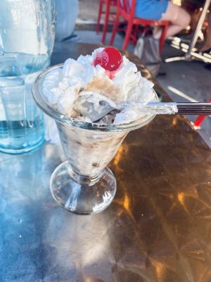 Oat milk ice cream sundae with vegan whipped topping   at Hot Rods 50's Diner in Alcoa
