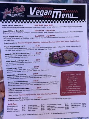 Vegan Menu   at Hot Rods 50's Diner in Alcoa