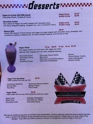 Vegan menu  at Hot Rods 50's Diner in Alcoa