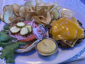 Black Bean Burger with vegan cheddar, and I added jalapeños.  at Hot Rods 50's Diner in Alcoa