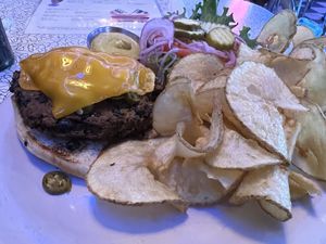 Black Bean Burger with vegan cheddar and I added jalapeños. Also, look at those ribbon fries!  at Hot Rods 50's Diner in Alcoa