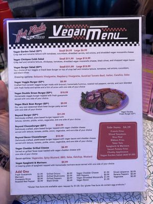 Vegan menu front  at Hot Rods 50's Diner in Alcoa