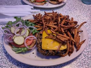 Vegan blackbeanburgee (added vegan cheese) + french fries 11$ at Hot Rods 50's Diner in Alcoa
