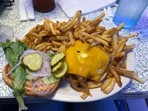 Vegan Bacon Beyond Burger with fries  at Hot Rods 50's Diner in Alcoa