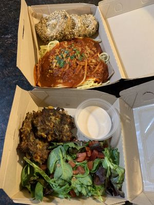 Eggplant and pasta and zucchini/corn fritters 😋😋 at LesbiVeggies in Woodbury