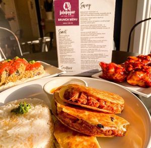 Left to right: Eggplant Terrine, Birria Tacos, BBQ Cauliflower Wings! at LesbiVeggies in Woodbury