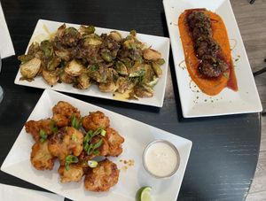 Smoked Maple Dijon Brussels, Romesco Meatballs and Chipotle Line Cauliflower Wings  at LesbiVeggies in Woodbury