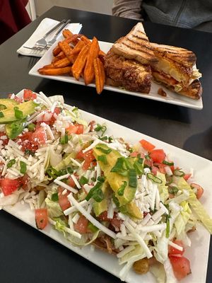 Blackened Cajun Cauliflower sandwich & Chickpea Tostadas  at LesbiVeggies in Woodbury