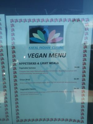 Vegan menu at Kafal Indian Cuisine in Amberley