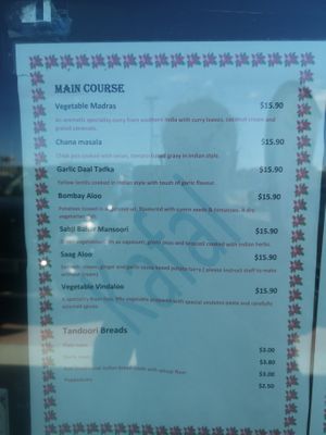 Vegan menu at Kafal Indian Cuisine in Amberley