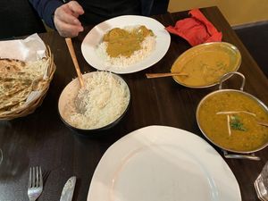 Garlic naan, mushroom matar, tadka dhal   at Kafal Indian Cuisine in Amberley