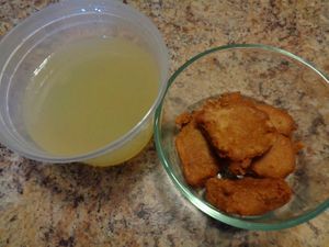 Half portion Zen Lemon Chicken. Comes with 8 vegan nuggets and sauce on side so they don't get soggy. Sauce is delicately flavored, like a lemon version of apricot sauce. at Szechwan Garden in Lakewood