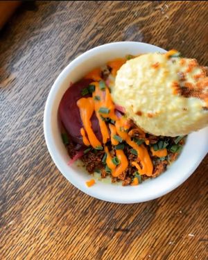 Vegan grits and chorizo at Coat Check Coffee in Indianapolis