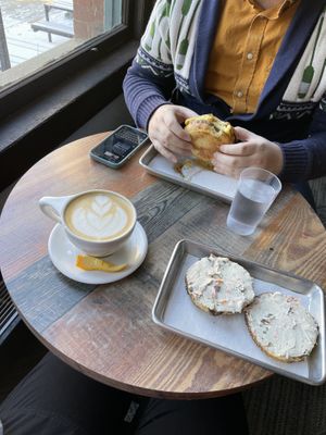 Vegan breakfast sandwich & “lox” shmear, and rosemary maple latte  at Coat Check Coffee in Indianapolis